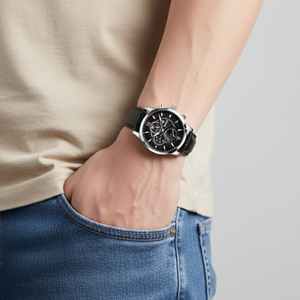 Mens Classic Watch | Black Leather Strap & Sport Design-Leatherstrap Watch-Silver Black