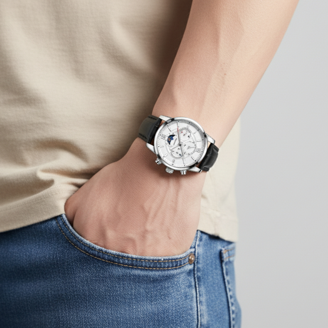 Mens Classic Watch | Black Leather Strap & Sport Design-Leatherstrap Watch-White