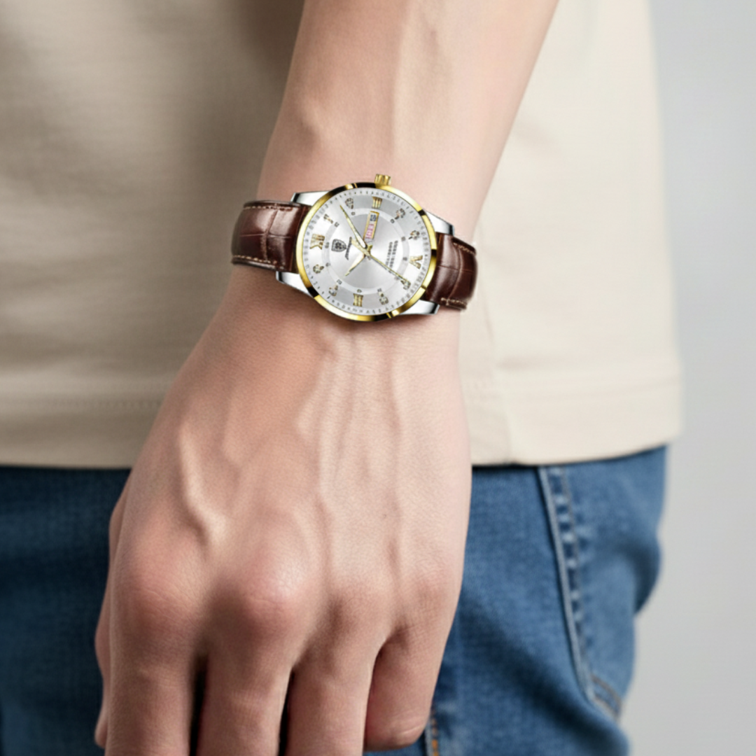 Mens Watch | Brown Leather Strap & Luminous Bezel-Leatherstrap Watch-White