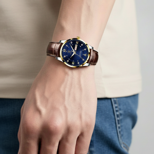 Mens Watch | Brown Leather Strap & Luminous Bezel-Leatherstrap Watch-Blue