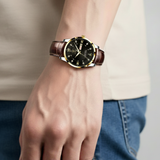 Mens Watch | Brown Leather Strap & Luminous Bezel-Leatherstrap Watch-Black