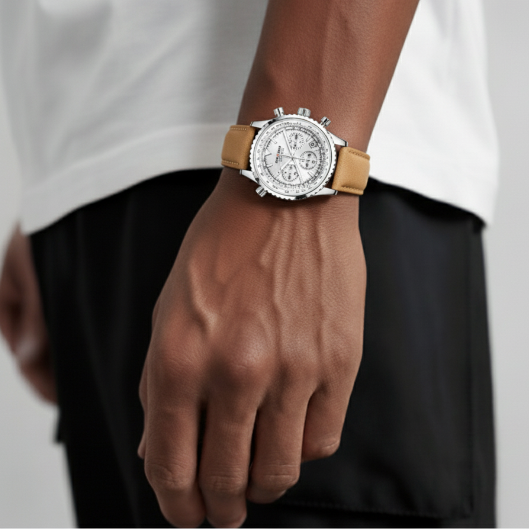 Mens Chronograph Watch | Brown Leather Strap-Leatherstrap Watch-White