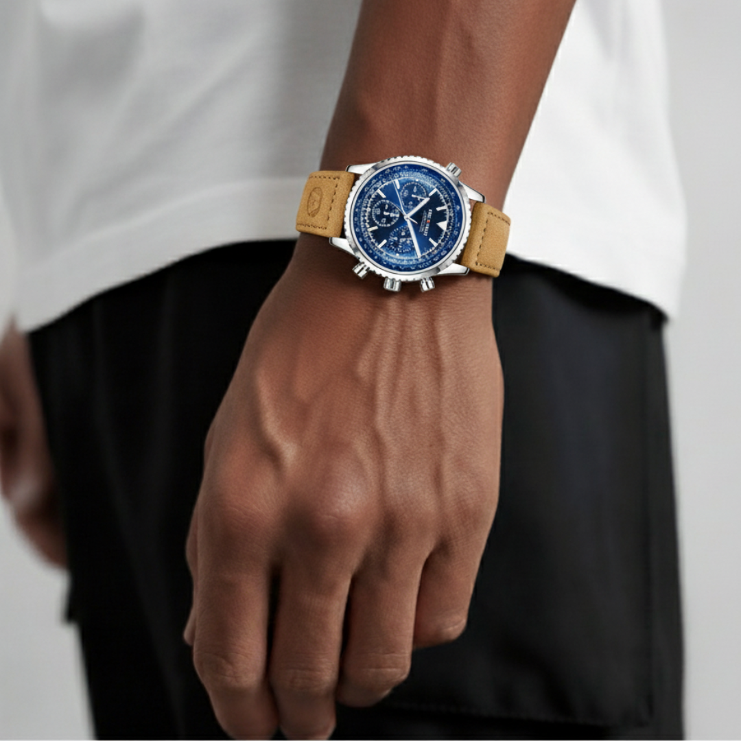 Mens Chronograph Watch | Brown Leather Strap-Leatherstrap Watch-Blue