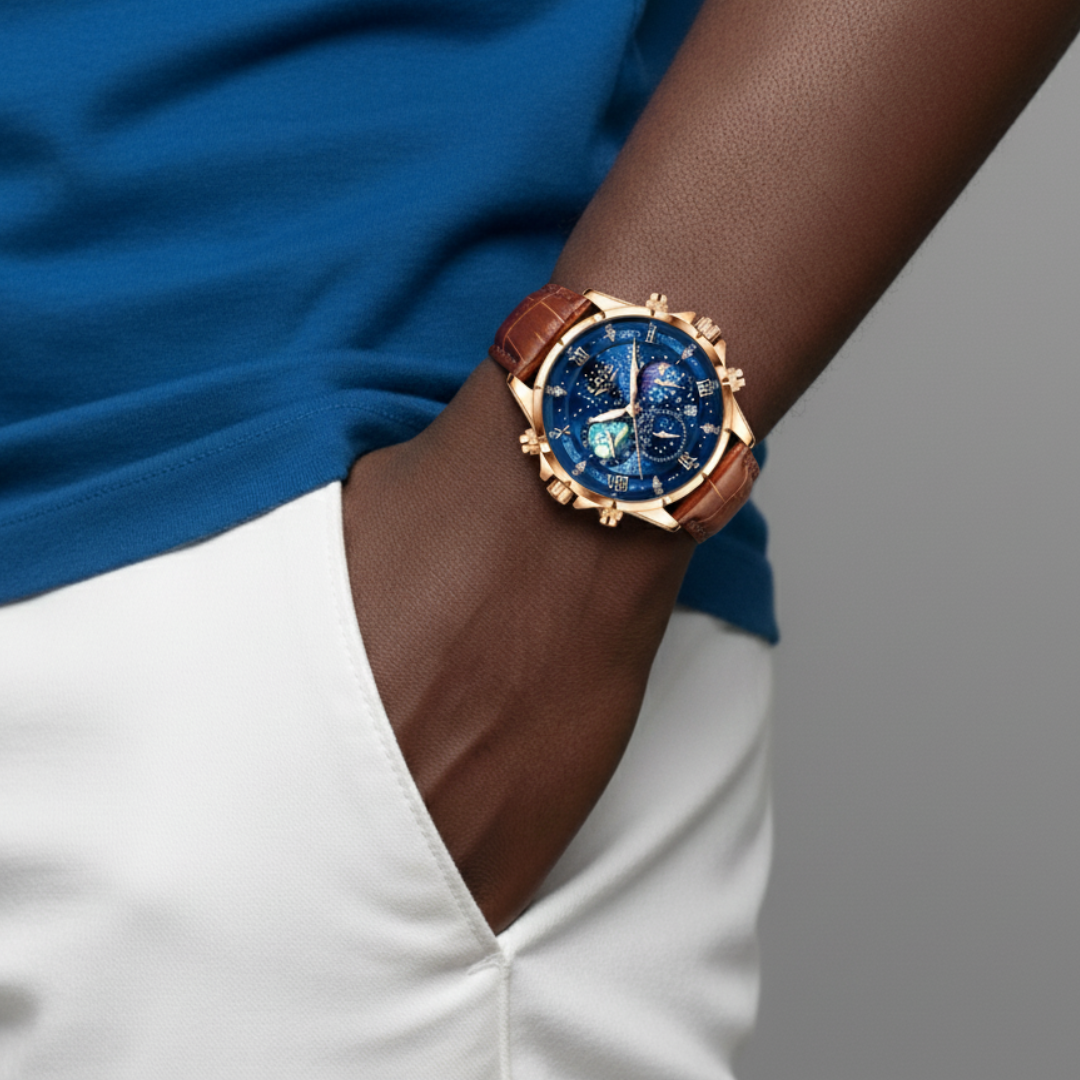 Mens Classic Moonphase Watch | Blue Dial-Leatherstrap Watch-Brown