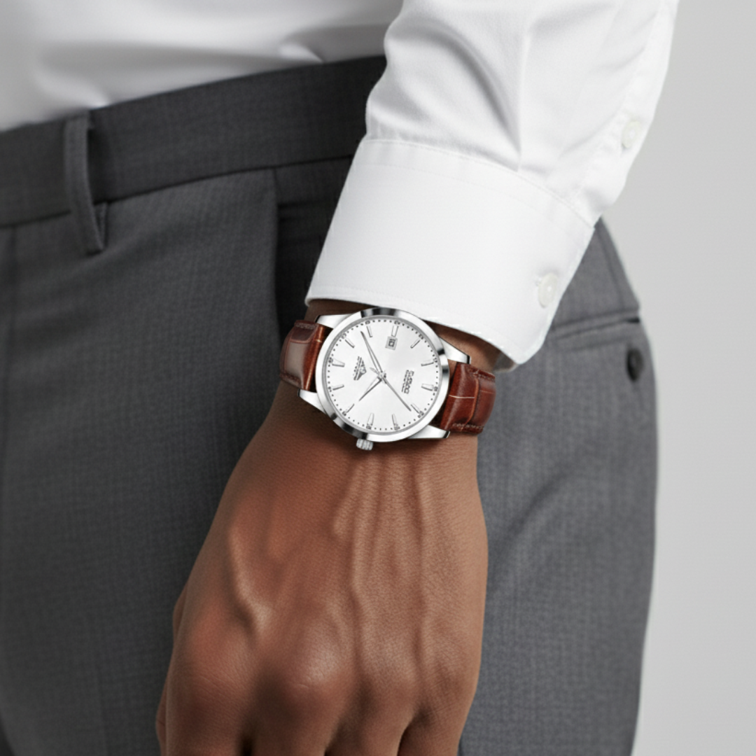 Mens Classic Watch | Brown Leather Strap-Leatherstrap Watch-White