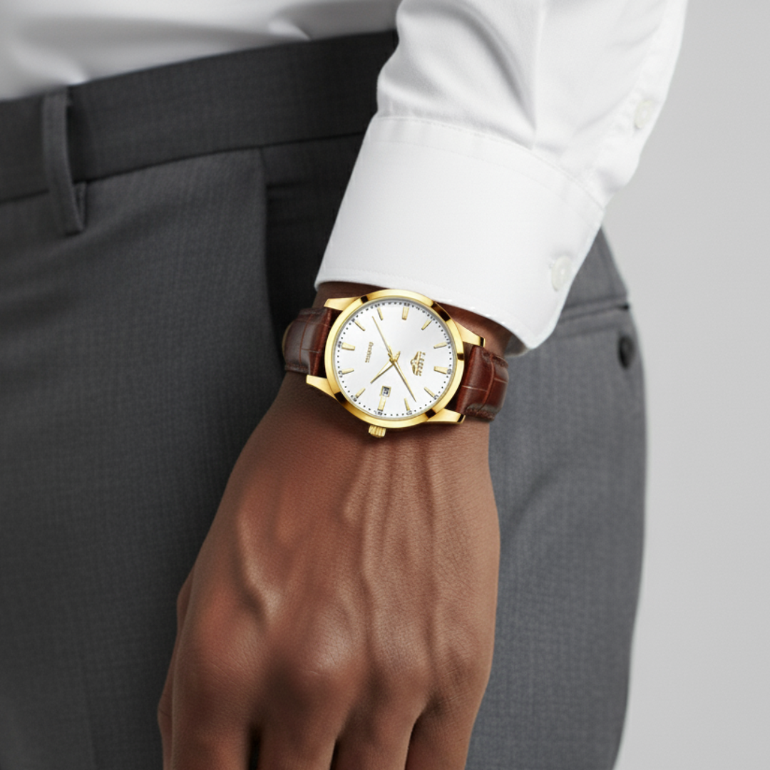 Mens Classic Watch | Brown Leather Strap-Leatherstrap Watch-Gold