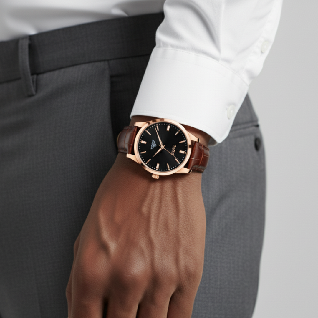 Mens Classic Watch | Brown Leather Strap-Leatherstrap Watch-Black