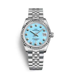 Edelstahl Armbanduhr Damen | Gold-Metal Watch-Silber/Himmelblau