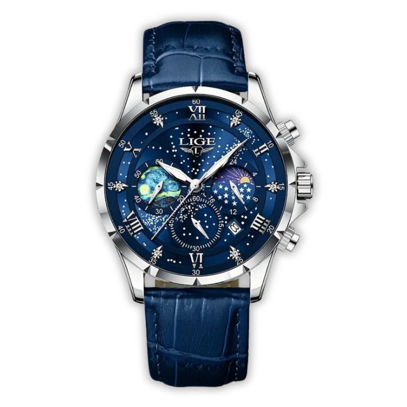 Mens Classic Moonphase Watch | Blue Dial-Leatherstrap Watch-