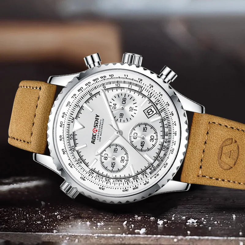 Mens Chronograph Watch | Brown Leather Strap-Leatherstrap Watch-